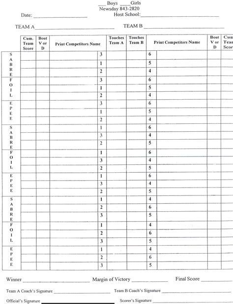 Track and Field Score Sheet Template