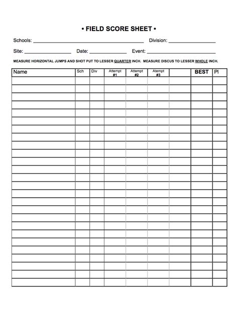 Track and Field Score Sheet Template Download