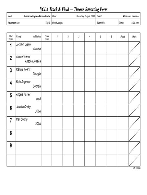 Track and Field Score Sheet Template Example