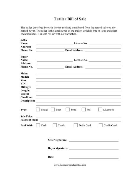 Trailer Bill of Sale Template Form