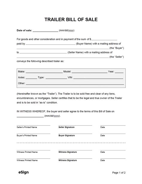 Trailer Bill of Sale Template PDF