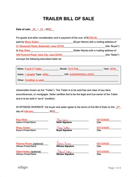 Trailer Bill of Sale Template Sample