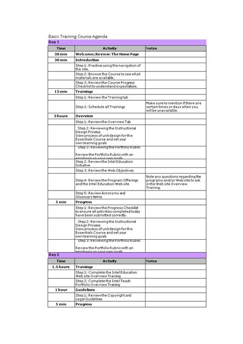 Training Agenda Template Excel