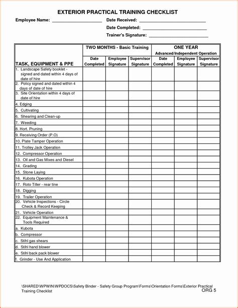 Training Checklist Template Excel Template