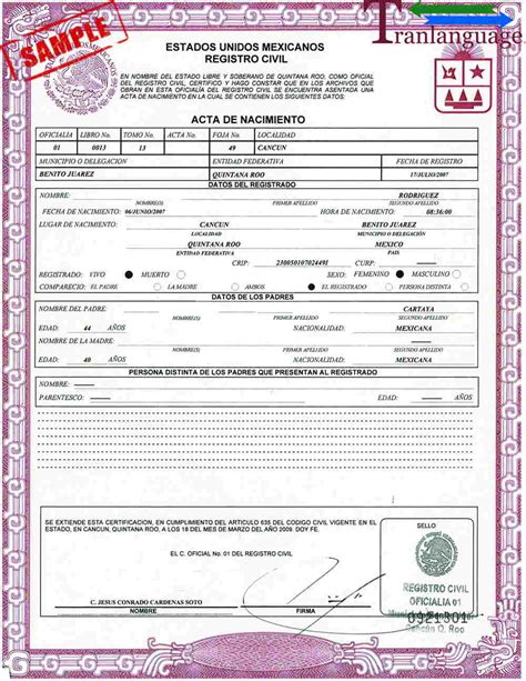 Translate Mexican birth certificate to Spanish