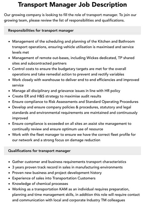 Transport Manager Job Description Image 1