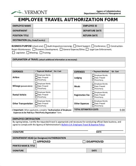 Travel Authorization Form Template