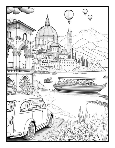 Travel coloring page with intricate details and shapes