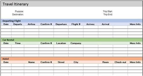 Travel Itinerary Template Excel