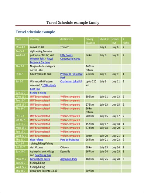 Travel Schedule Template