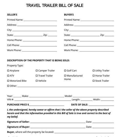 Travel Trailer Bill of Sale Template 1