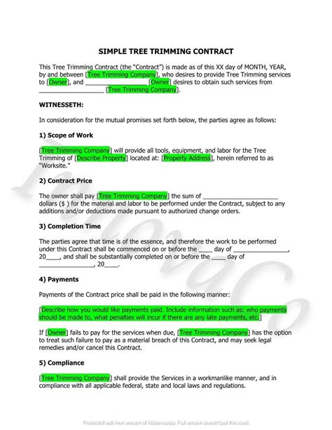 Tree Removal Agreement Template Example