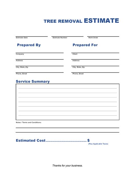 Tree Removal Estimate Form Example