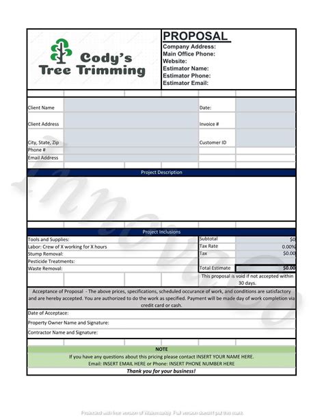 Tree Removal Quote Template Excel