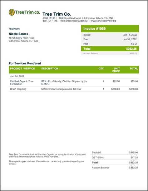 Tree Service Invoice Template Classification