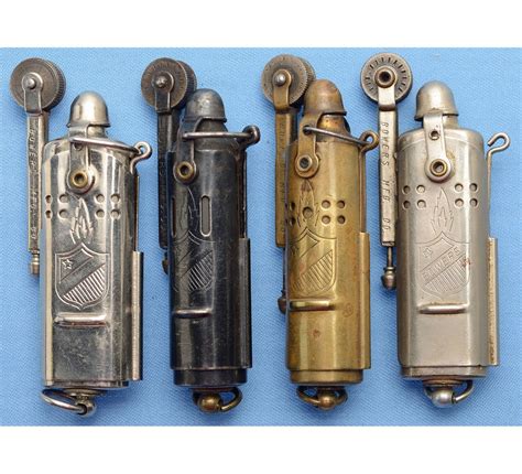 A collection of trench lighters on display