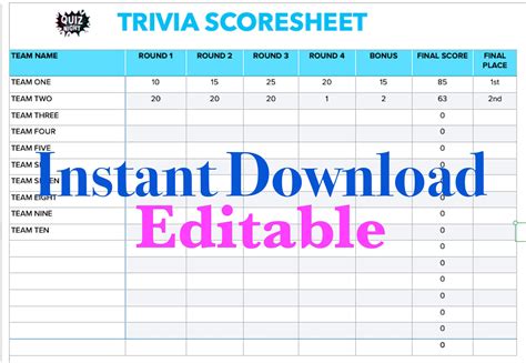 Trivia Score Sheet Template Design