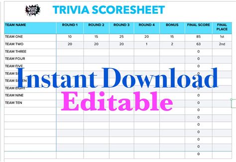 Trivia Score Sheet Template Excel