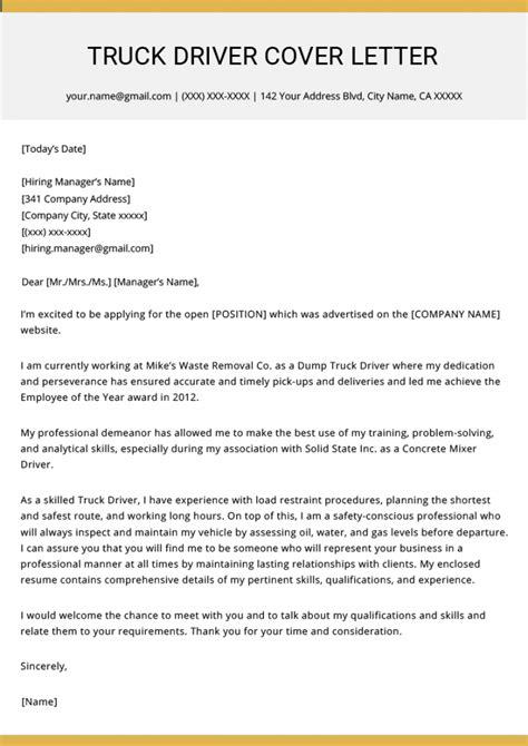 Truck Driver Cover Letter Template Example 1