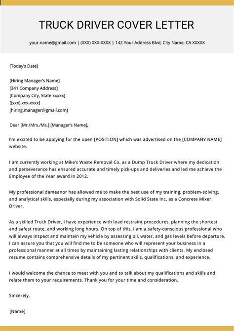 Truck Driver Cover Letter Template Example 5