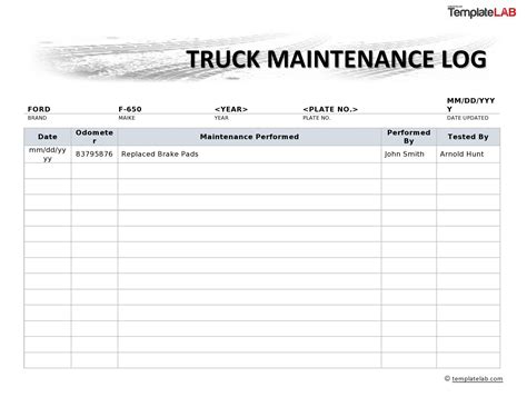 Truck Maintenance Log Template