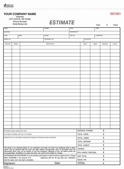 Truck Repair Estimate Template Blank