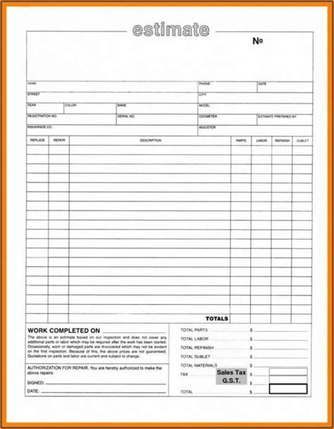 Truck Repair Estimate Template Printable