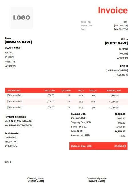 Trucking Invoice Template in Word