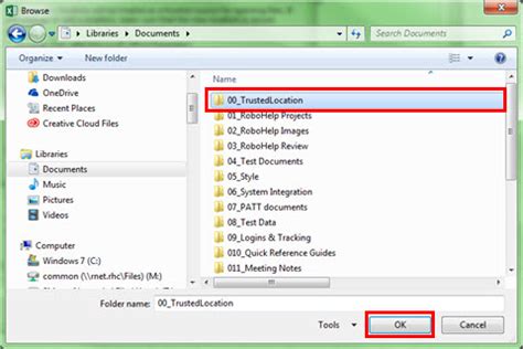 Trust file location in Excel