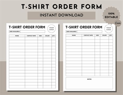 T Shirt Order Form Template Marketing Product