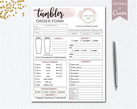 Tumbler Order Form for Custom Designs