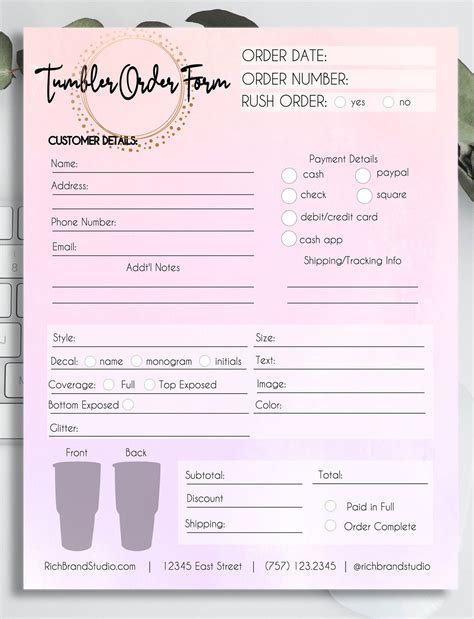 Tumbler Order Form with Pricing