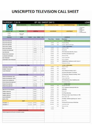 TV Show Production Call Sheet