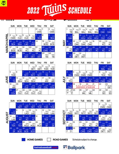 Printable Twins schedule with highlighted games