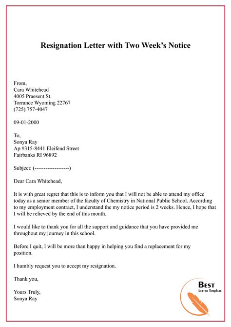 Two Weeks Notice Letter Format