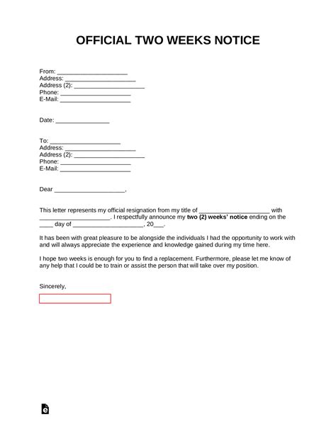 Two Weeks Notice Template PDF