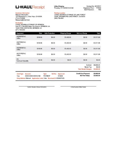 U-Haul Receipt Template for Moving Expenses