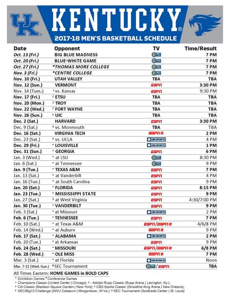 UK Basketball Schedule CSV