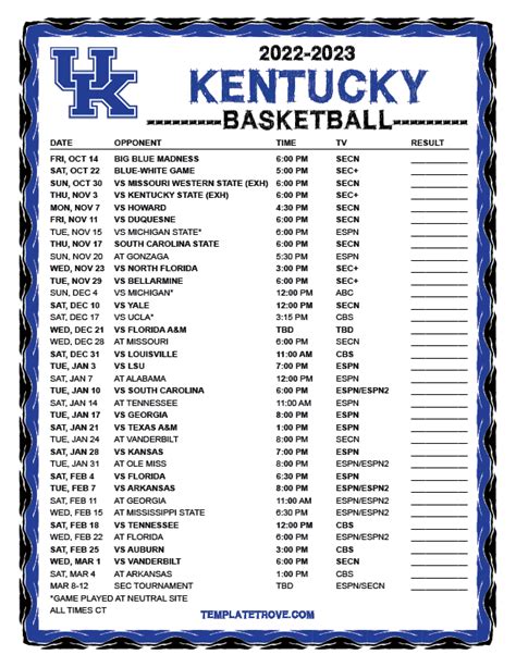 UK Basketball Schedule Template