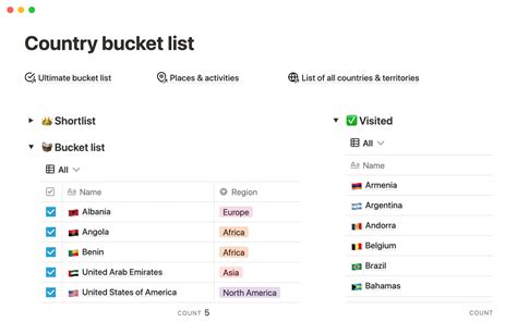 A screenshot of the ultimate bucket list template