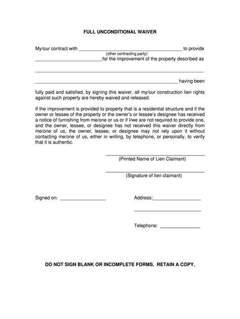 Unconditional Lien Waiver Form Example