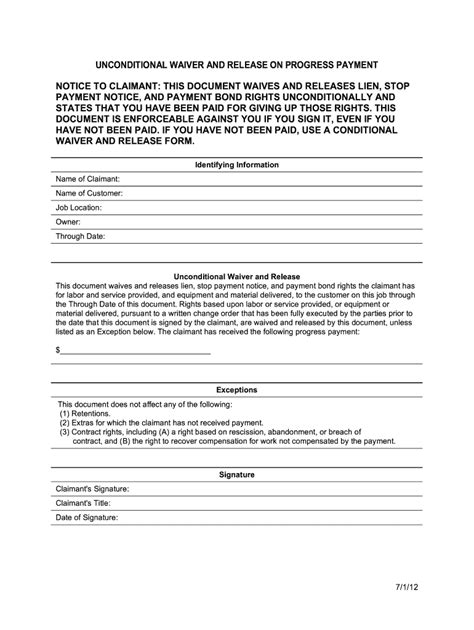 Unconditional Waiver and Release on Progress Payment Form Template