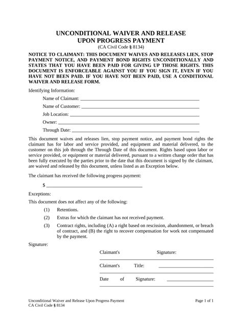 Unconditional Waiver and Release on Progress Payment Form