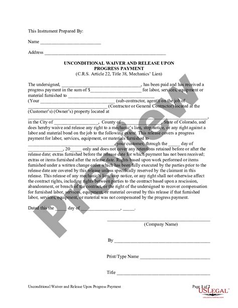 Unconditional Waiver and Release on Progress Payment Form Template