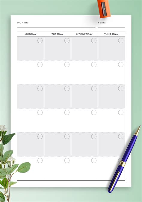 Undated printable calendars with space for custom scheduling