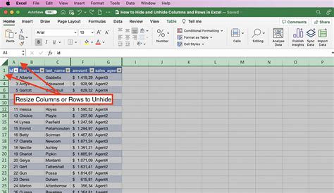 Unhide hidden columns or rows