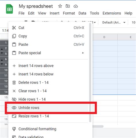 Unhide Rows in Google Spreadsheets Format Tab Example