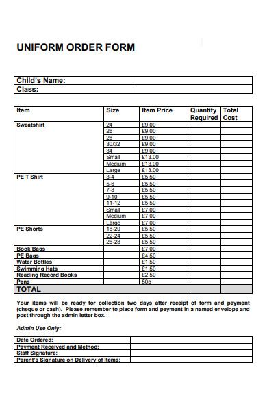 Uniform Order Form Template Word