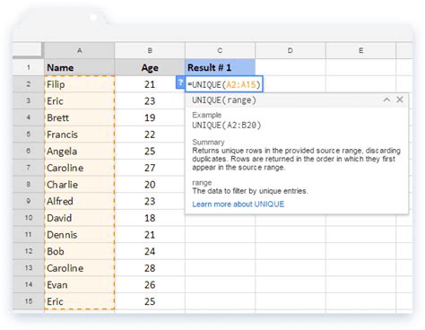 UNIQUE formula in Google Sheets