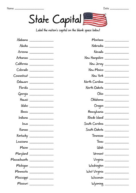 United States Map with Capitals Worksheets